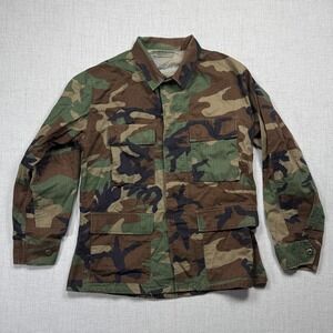 Vintage Woodland Camo Combat Button Front Field Shirt Workwear Size M